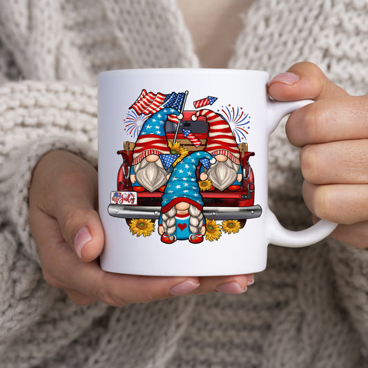 4th of July gnomes farm truck 11oz White Mug gift American independence day coffee cup-White-Family-Gift-Planet