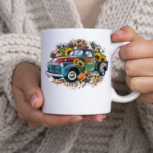 Vintage truck western 11oz White Mug gift leopard skin old car coffee cup-White-Family-Gift-Planet