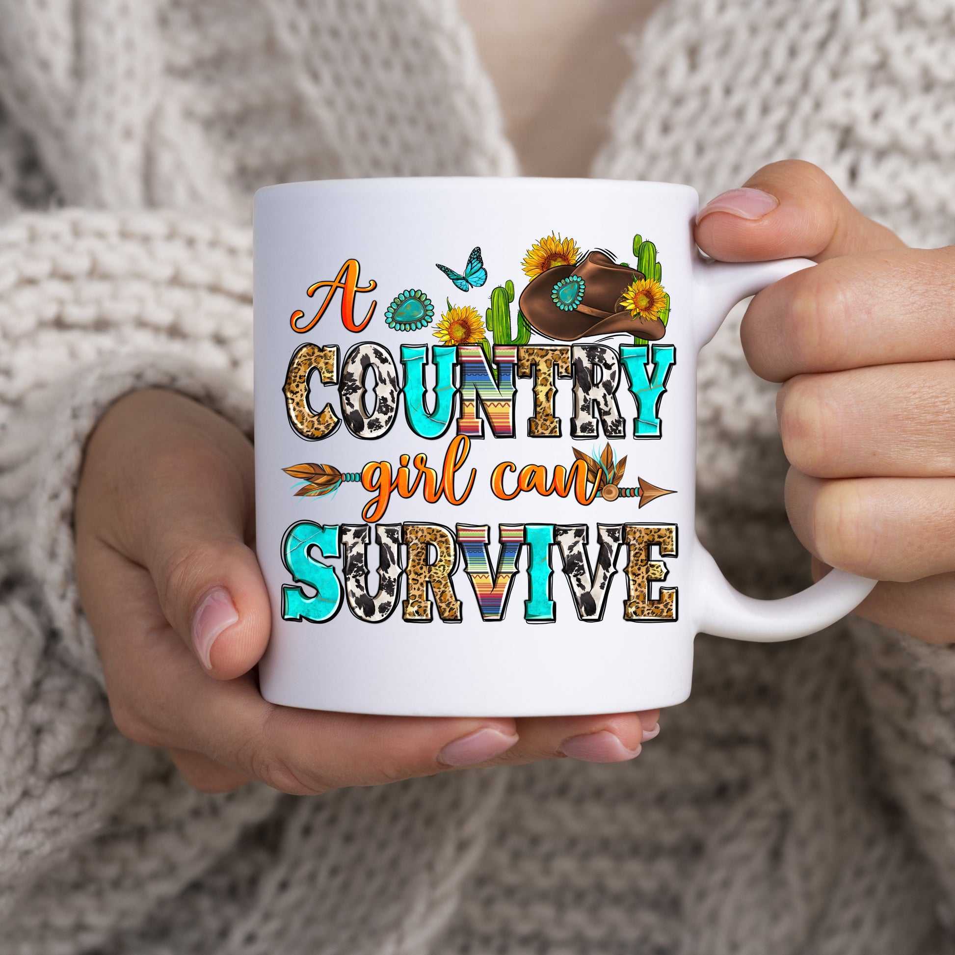 A country girl can survive 11oz White Mug gift Western style Texas girl coffee cup-White-Family-Gift-Planet