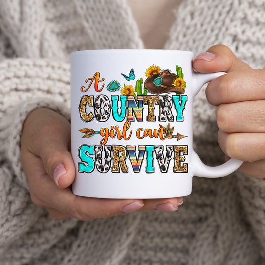 A country girl can survive 11oz White Mug gift Western style Texas girl coffee cup-White-Family-Gift-Planet