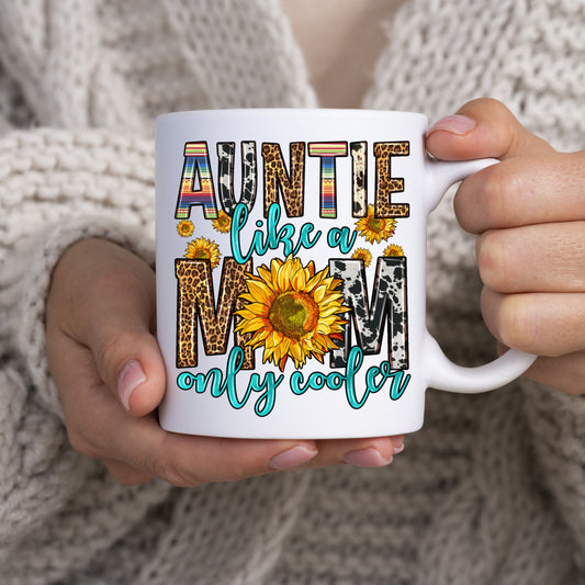 Auntie like a mom only cooler 11oz White Mug gift Sunflower leopard skin Aunt coffee cup-White-Family-Gift-Planet