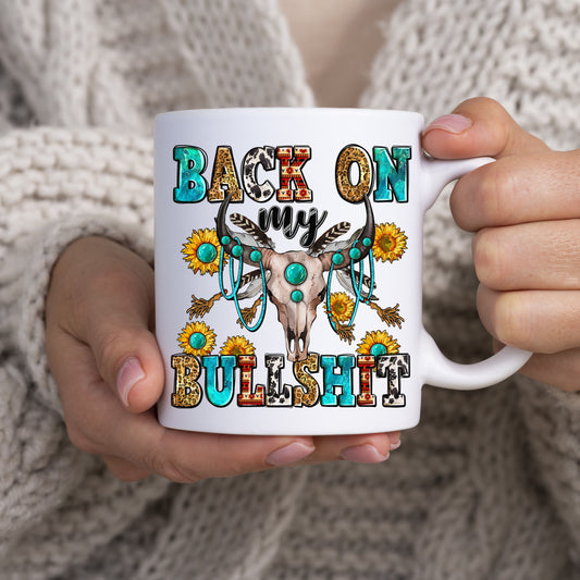 Back on my bullshit 11oz White Mug gift Western style sarcastic cow skull coffee cup-White-Family-Gift-Planet