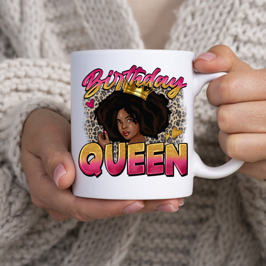 Birthday Queen 11oz White Mug gift Leopard skin black woman Happy Birthday coffee cup-White-Family-Gift-Planet