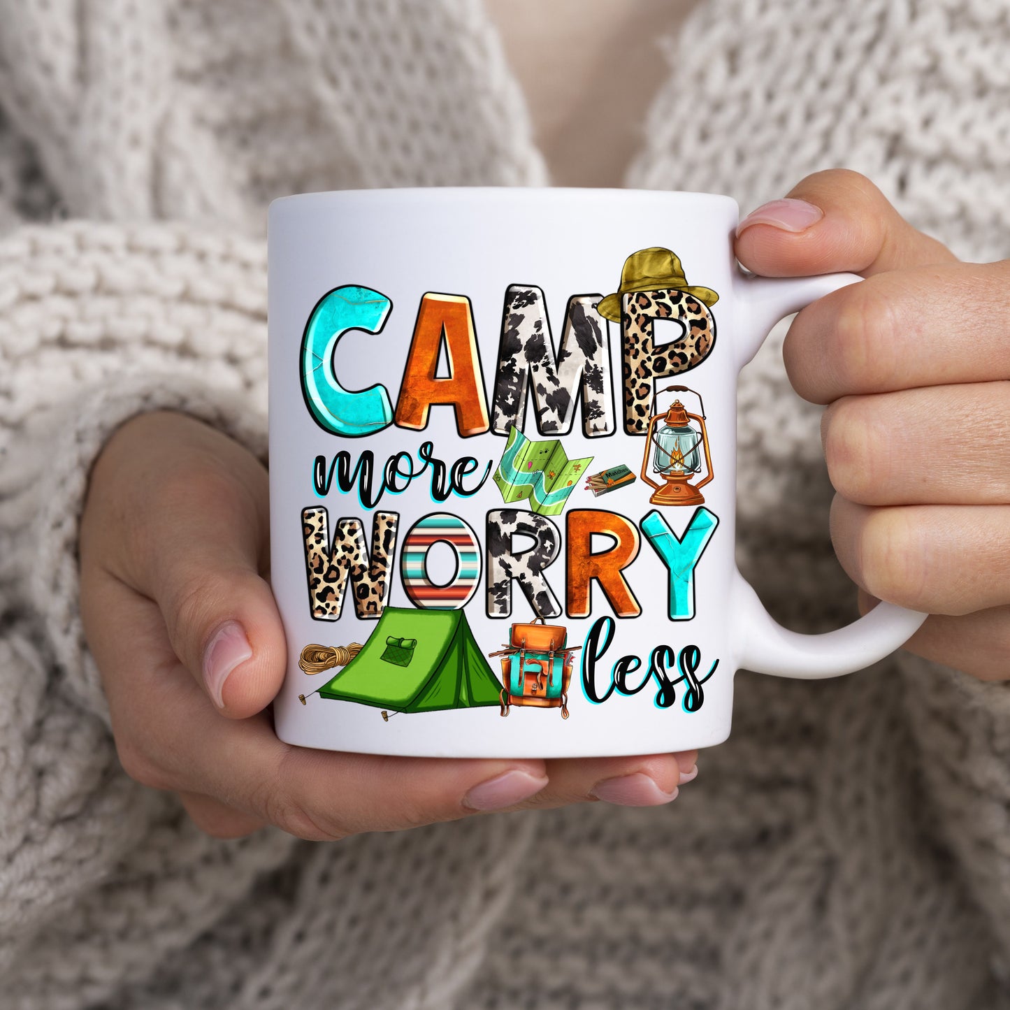 Camp more worry less 11oz White Mug gift Summer camping adventure coffee cup-White-Family-Gift-Planet