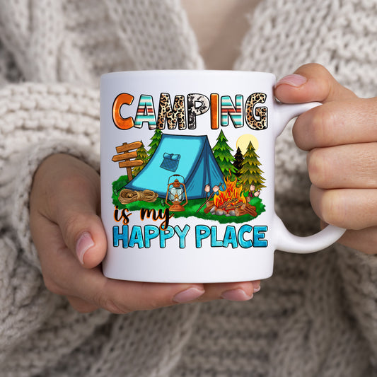 Camping is my happy place 11oz White Mug gift camper tent bonfire forest coffee cup-White-Family-Gift-Planet