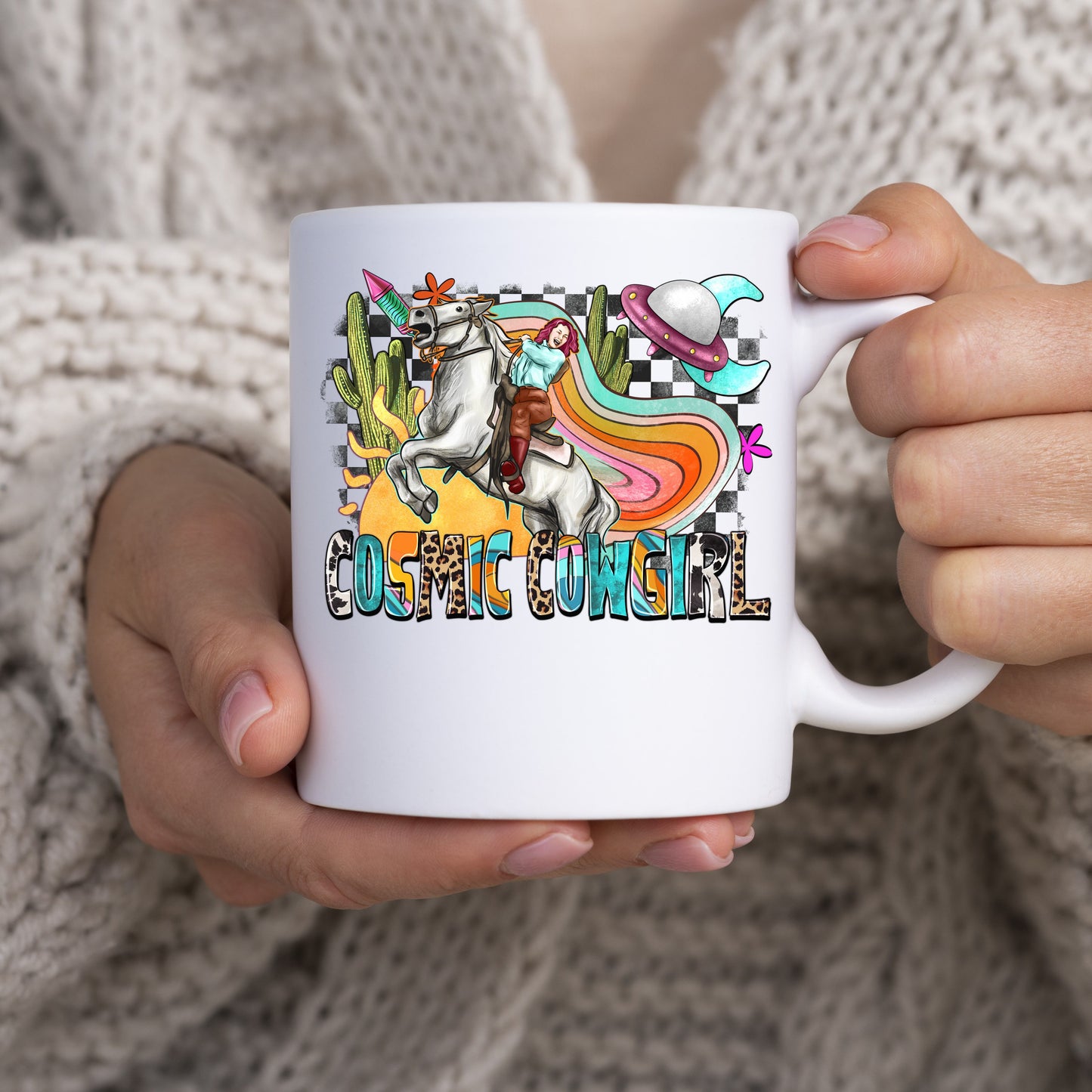 Cosmic cowgirl 11oz White Mug gift abstract girl on horse in the cosmos coffee cup-White-Family-Gift-Planet