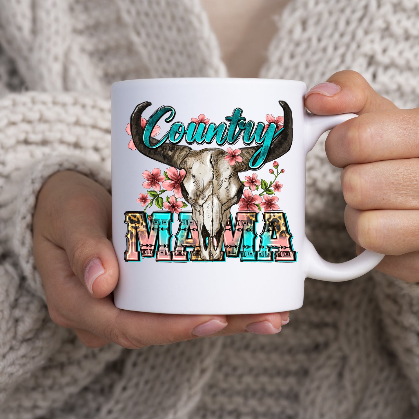 Country mama 11oz White Mug gift cow skull flowers Texas western mom coffee cup-White-Family-Gift-Planet