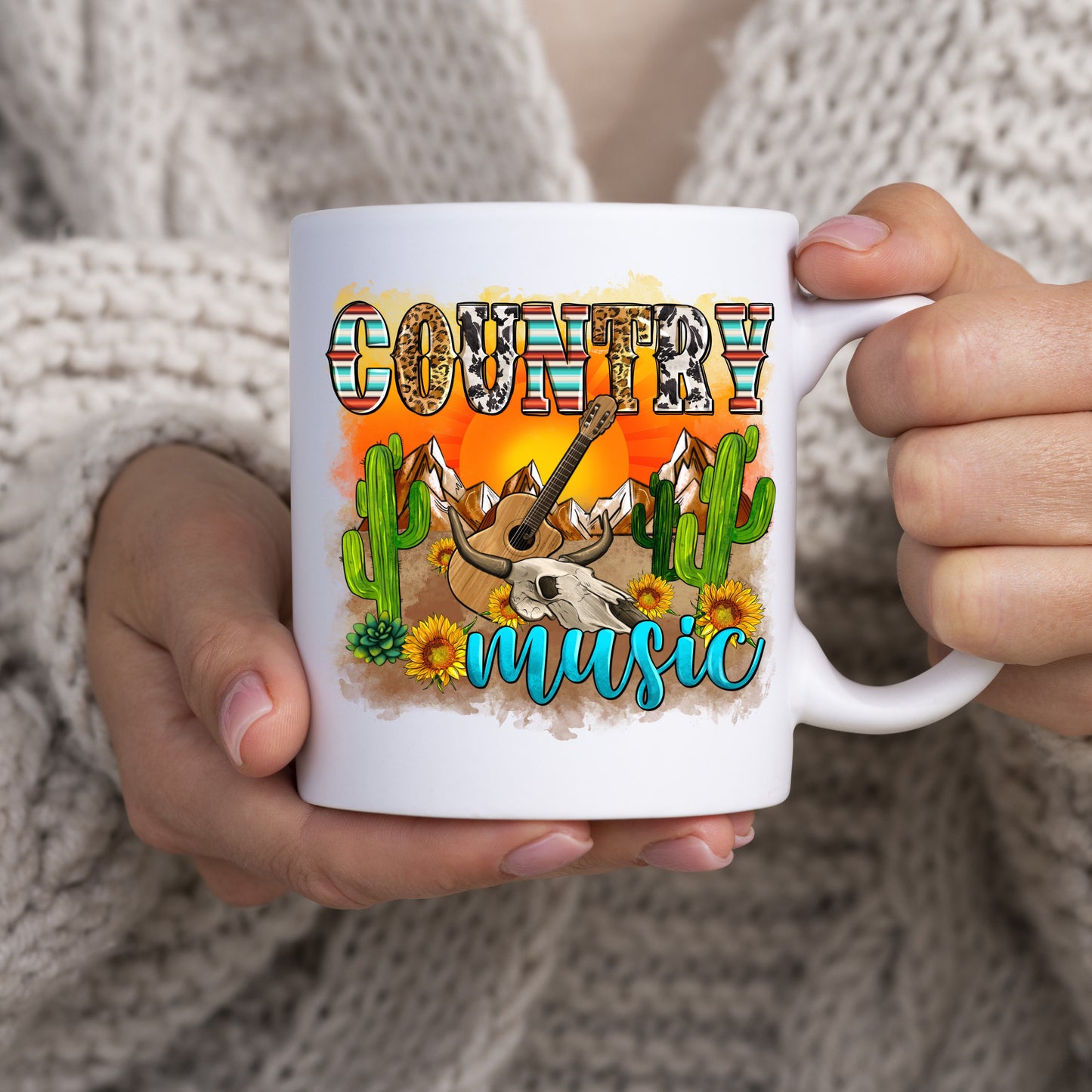 Country music 11oz White Mug gift Arizona Texas desert cactus guitar skull coffee cup-White-Family-Gift-Planet