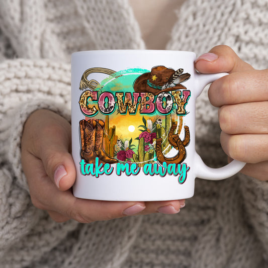 Cowboy take me away 11oz White Mug gift cowboy hat boots cactus coffee cup-White-Family-Gift-Planet