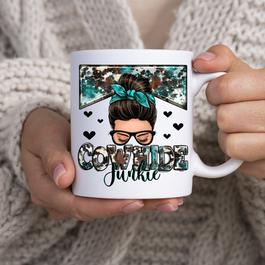 Cowhide junkie messy bun 11oz White Coffee Mug gift-White-Family-Gift-Planet