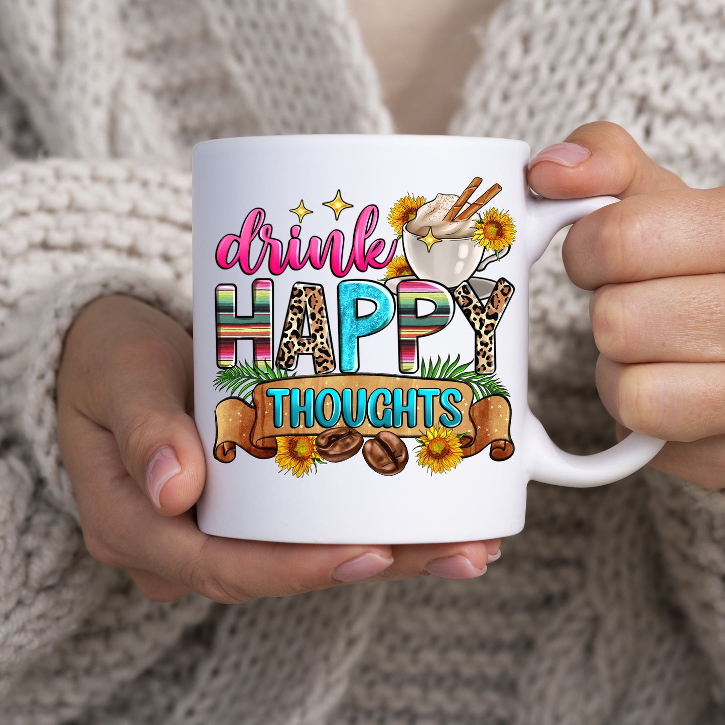 Drink happy thoughts 11oz White Mug gift Coffee lover coffee beans cup-White-Family-Gift-Planet