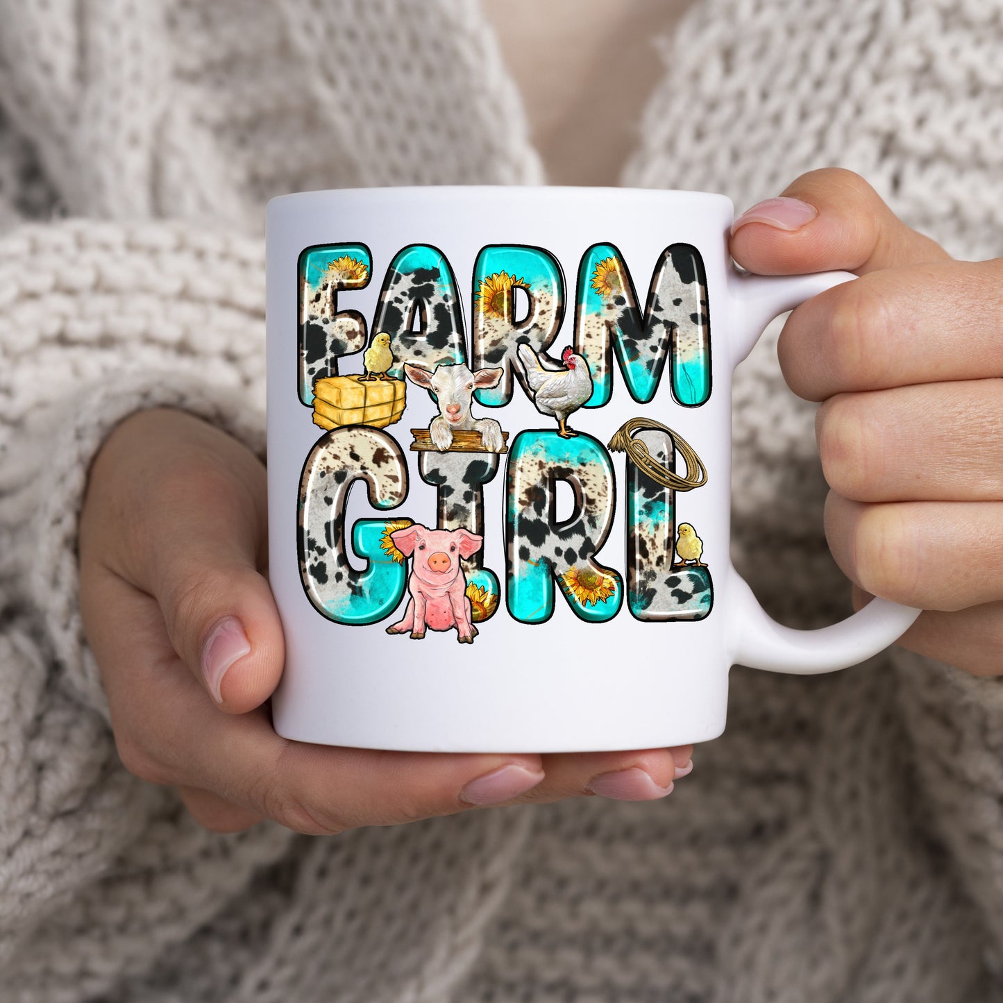 Farm girl 11oz White Mug gift Goat pig cow skin farmer pig cup-White-Family-Gift-Planet