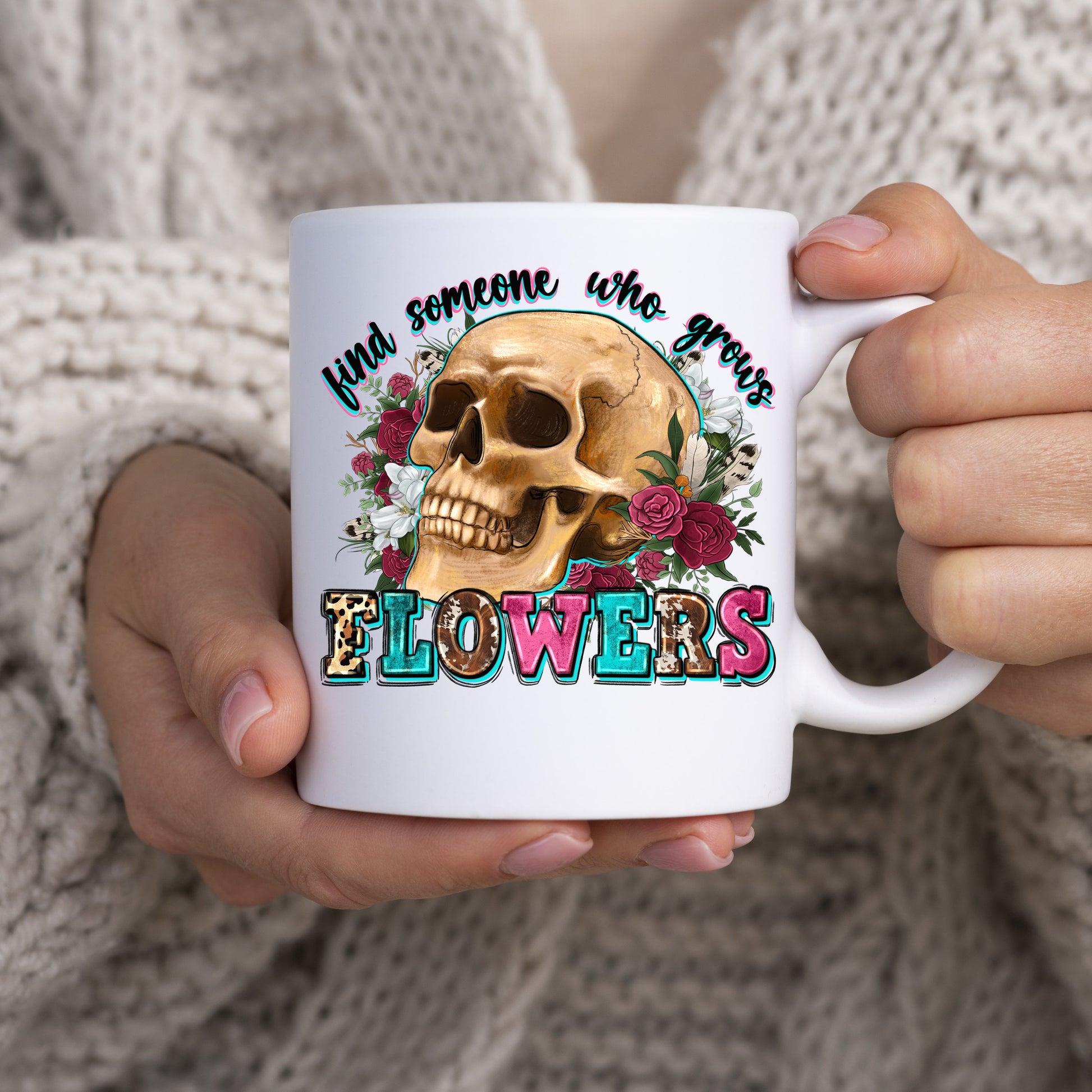 Find someone who grows flowers 11oz White Mug gift floral skull cup-White-Family-Gift-Planet