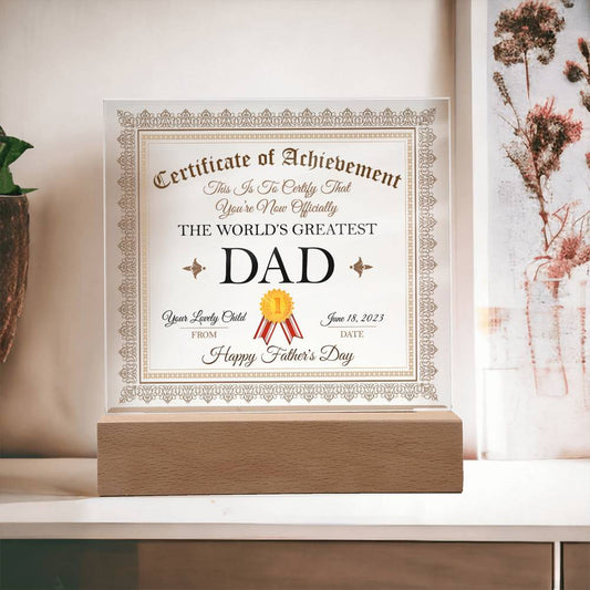 Father's Day gift for dad - Acrylic Square Plaque Certificate of Achievement-Wooden Base-Family-Gift-Planet