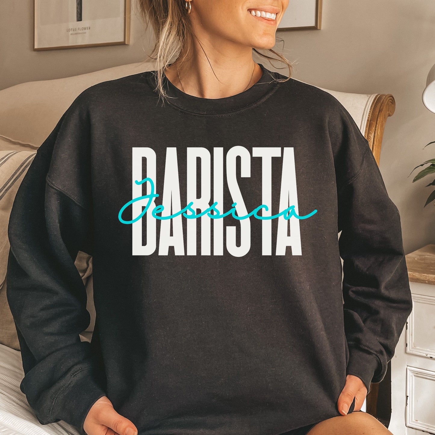 Personalized Barista Unisex Sweatshirt Custom name coffee shop Sand Black Dark Heather-Black-Family-Gift-Planet