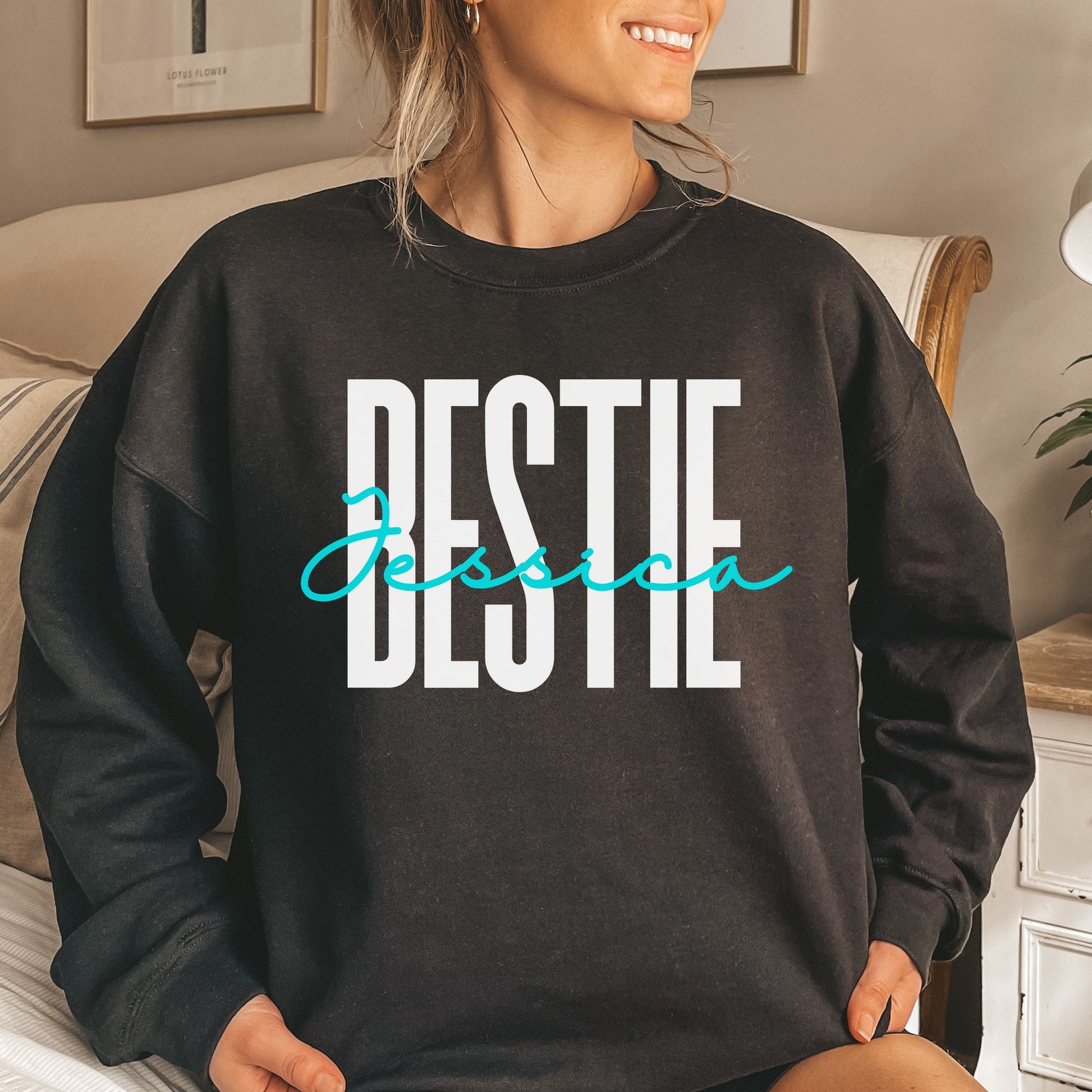 Personalized Bestie Unisex Sweatshirt Custom name friends Sand Black Dark Heather-Black-Family-Gift-Planet