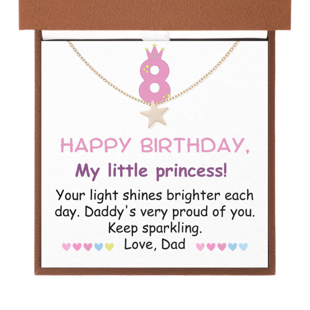 8 year old girl birthday gift from dad - Happy 8th Birthday Star Necklace for daughter from father-Brown Leather Box-Family-Gift-Planet