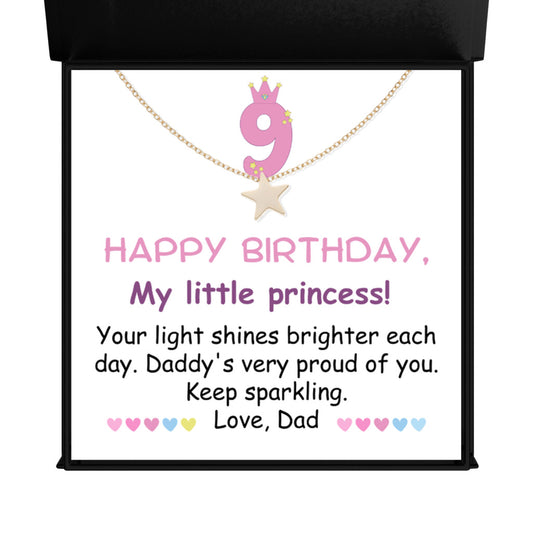 9 year old girl birthday gift from dad - Happy 9th Birthday Star Necklace for daughter from father-Texture Magnetic Box-Family-Gift-Planet