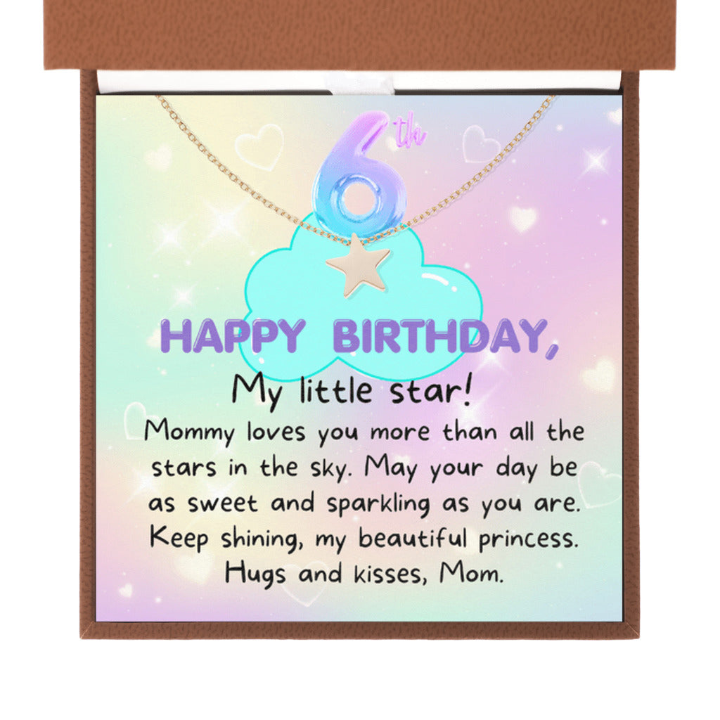 6 year old girl birthday gift from mom - Happy 6th Birthday Star Necklace for daughter from mother-Brown Leather Box-Family-Gift-Planet