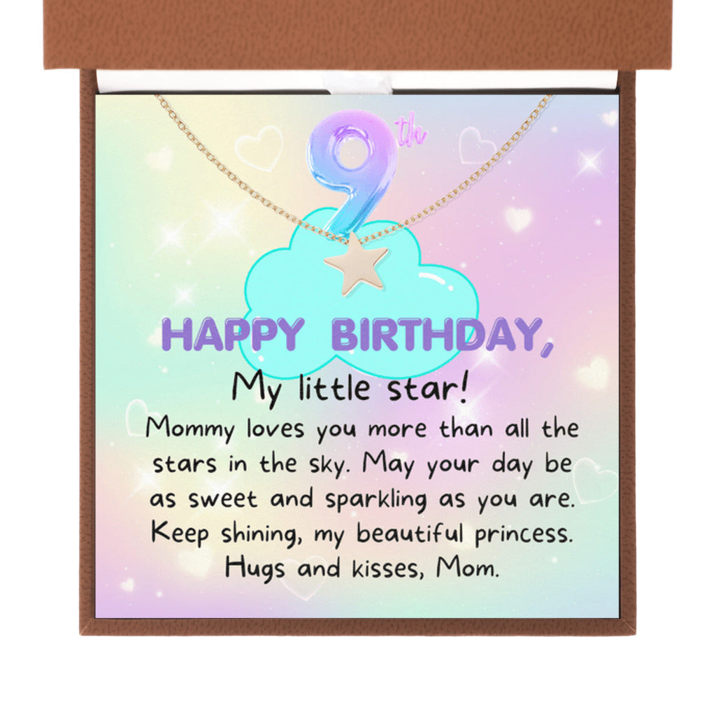 9 year old girl birthday gift from mom - Happy 9th Birthday Star Necklace for daughter from mother-Brown Leather Box-Family-Gift-Planet