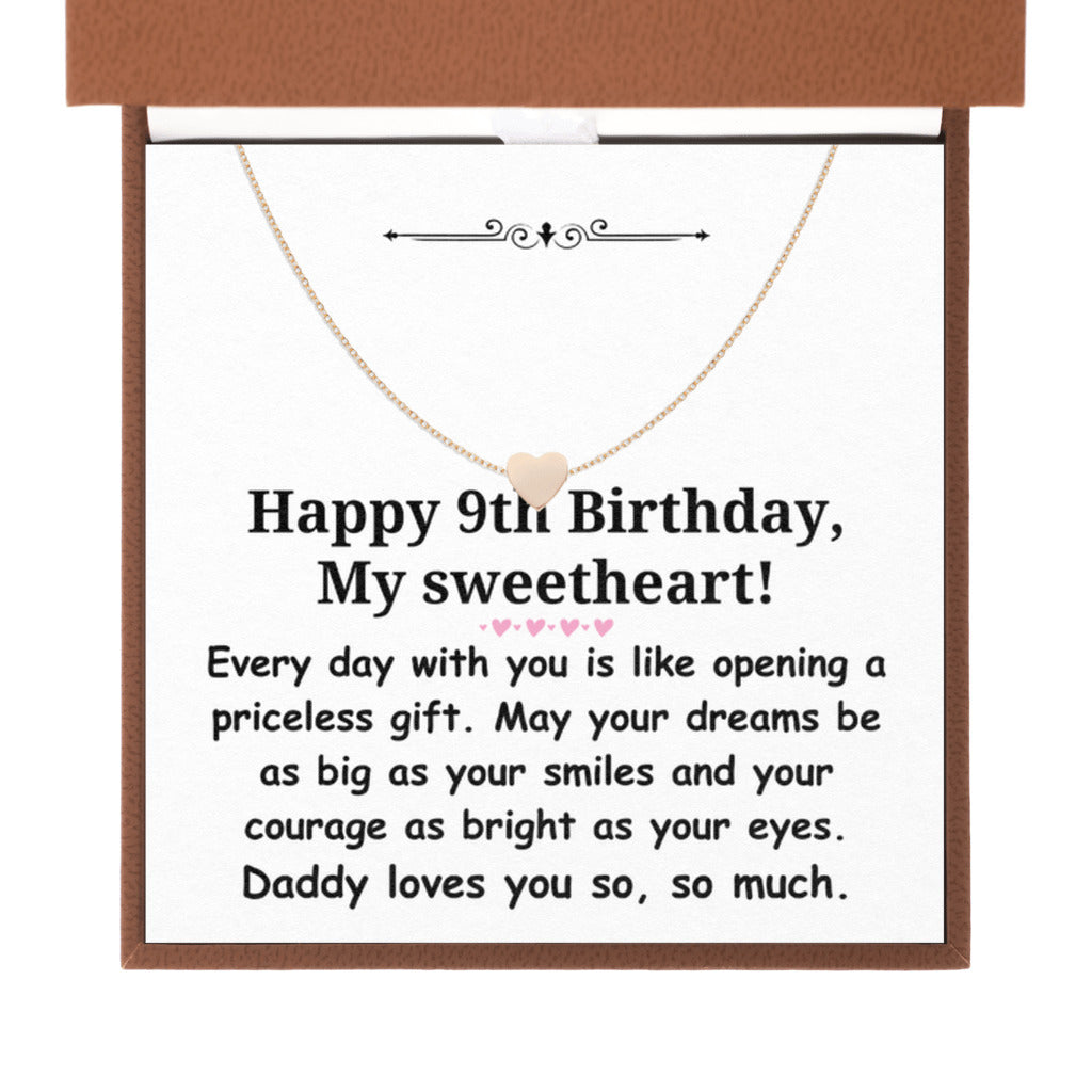 Happy 9th Birthday gift for daughter from dad - Heart necklace for girl-Brown Leather Box-Family-Gift-Planet