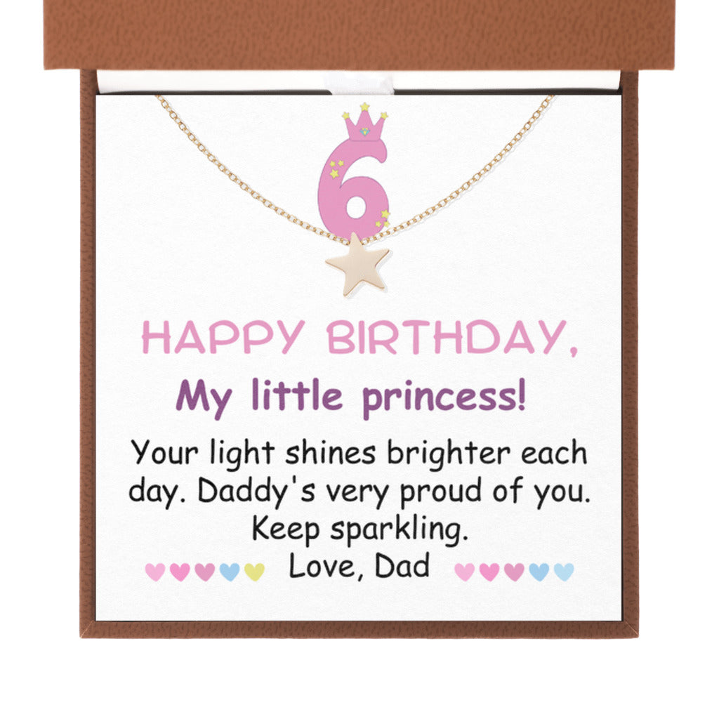 6 year old girl birthday gift from dad - Happy 6th Birthday Star Necklace for daughter from father-Brown Leather Box-Family-Gift-Planet