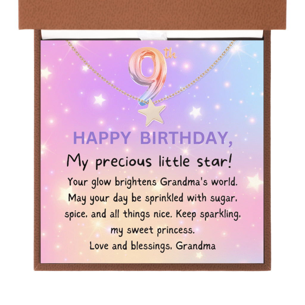 9 year old girl birthday gift from grandma - Happy Birthday Star Necklace for granddaughter-Brown Leather Box-Family-Gift-Planet