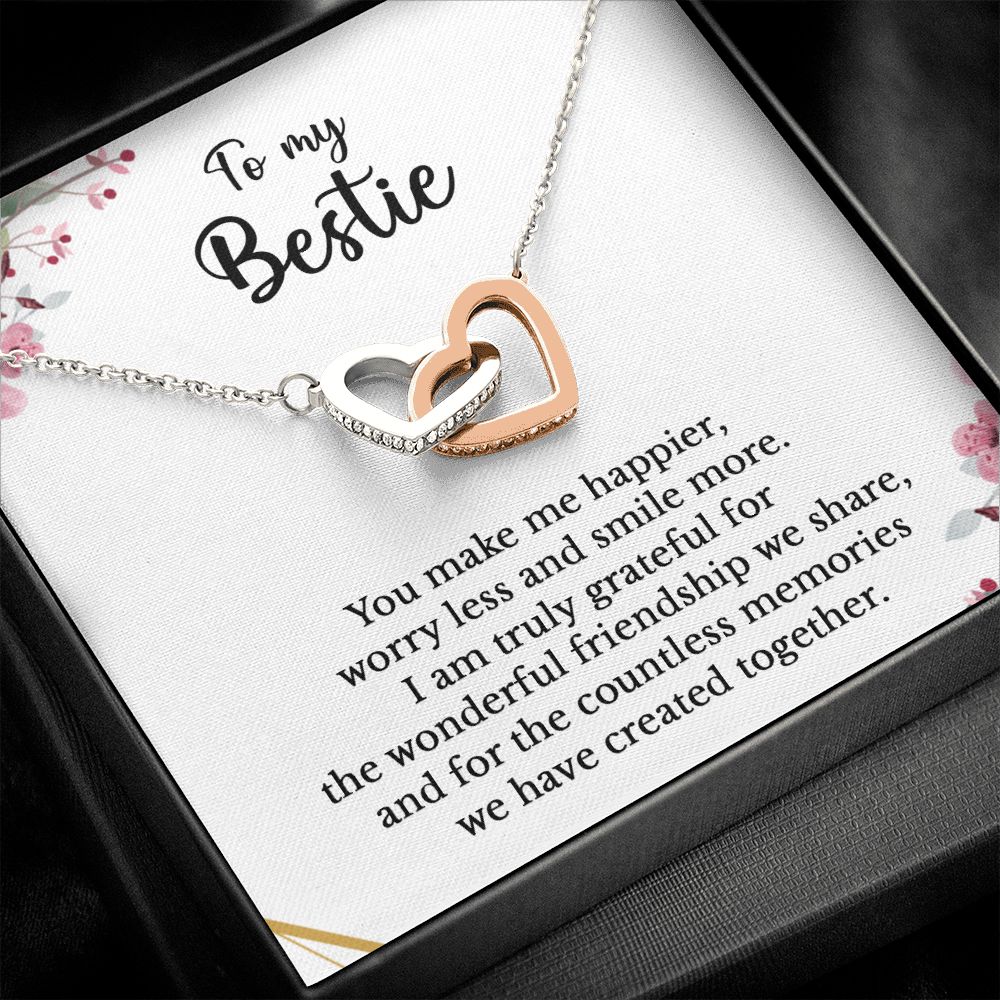 To my Bestie - Interlocking Hearts necklace - You make me happier, worry less and smile more-Polished Stainless Steel & Rose Gold Finish-Family-Gift-Planet
