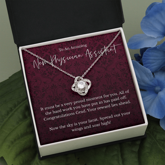 New Physician Assistant graduation gift, love knot pendant necklace-Two Toned Box-Family-Gift-Planet