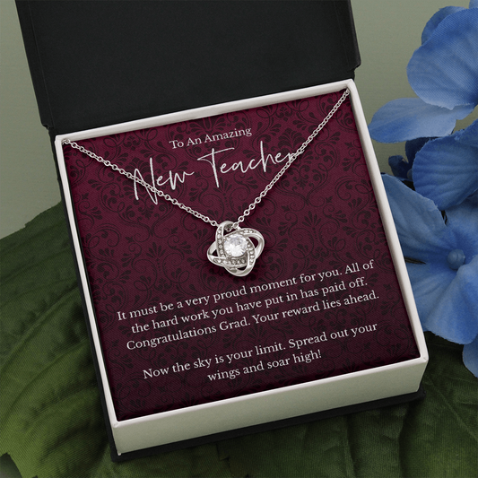 New Teacher graduation gift, love knot pendant necklace-Two Toned Box-Family-Gift-Planet