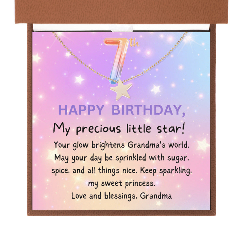 7 year old girl birthday gift from grandma - Happy Birthday Star Necklace for granddaughter-Brown Leather Box-Family-Gift-Planet