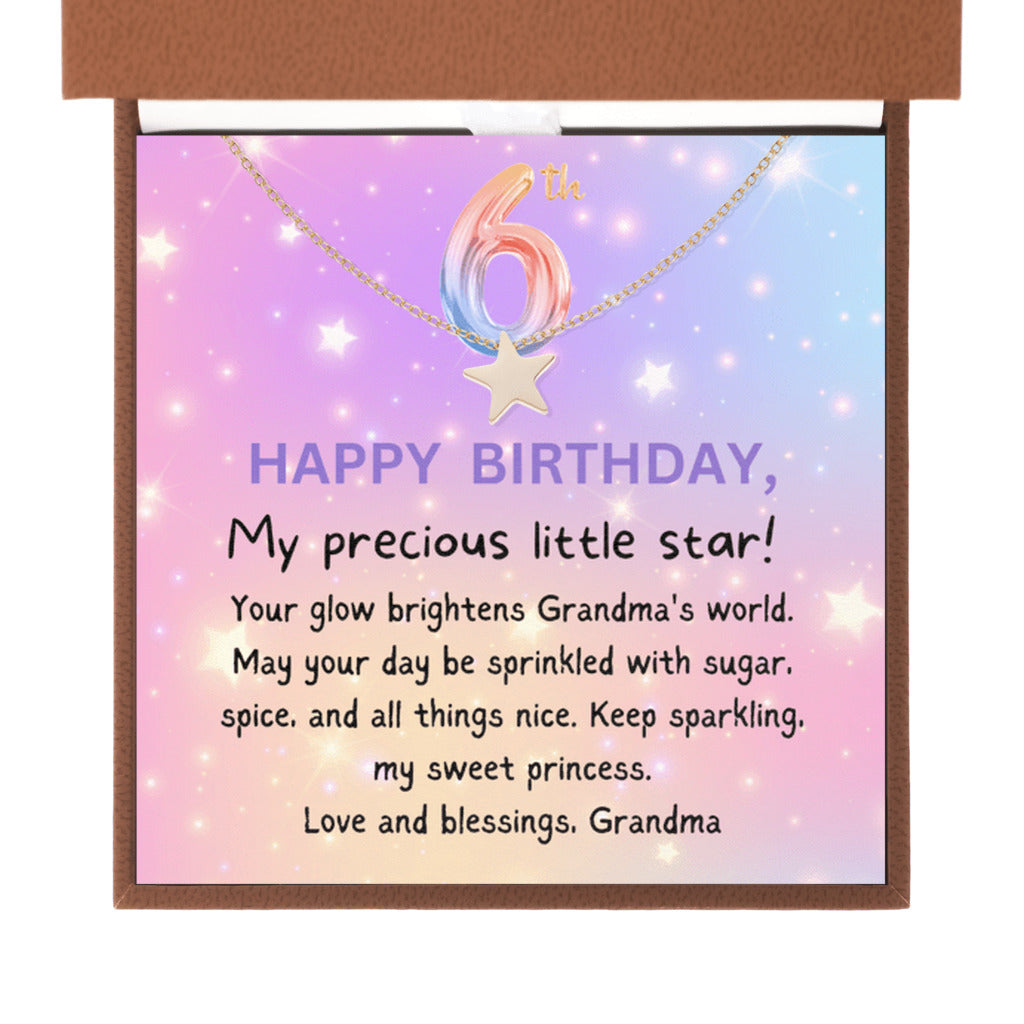 6 year old girl birthday gift from grandma - Happy Birthday Star Necklace for granddaughter-Brown Leather Box-Family-Gift-Planet