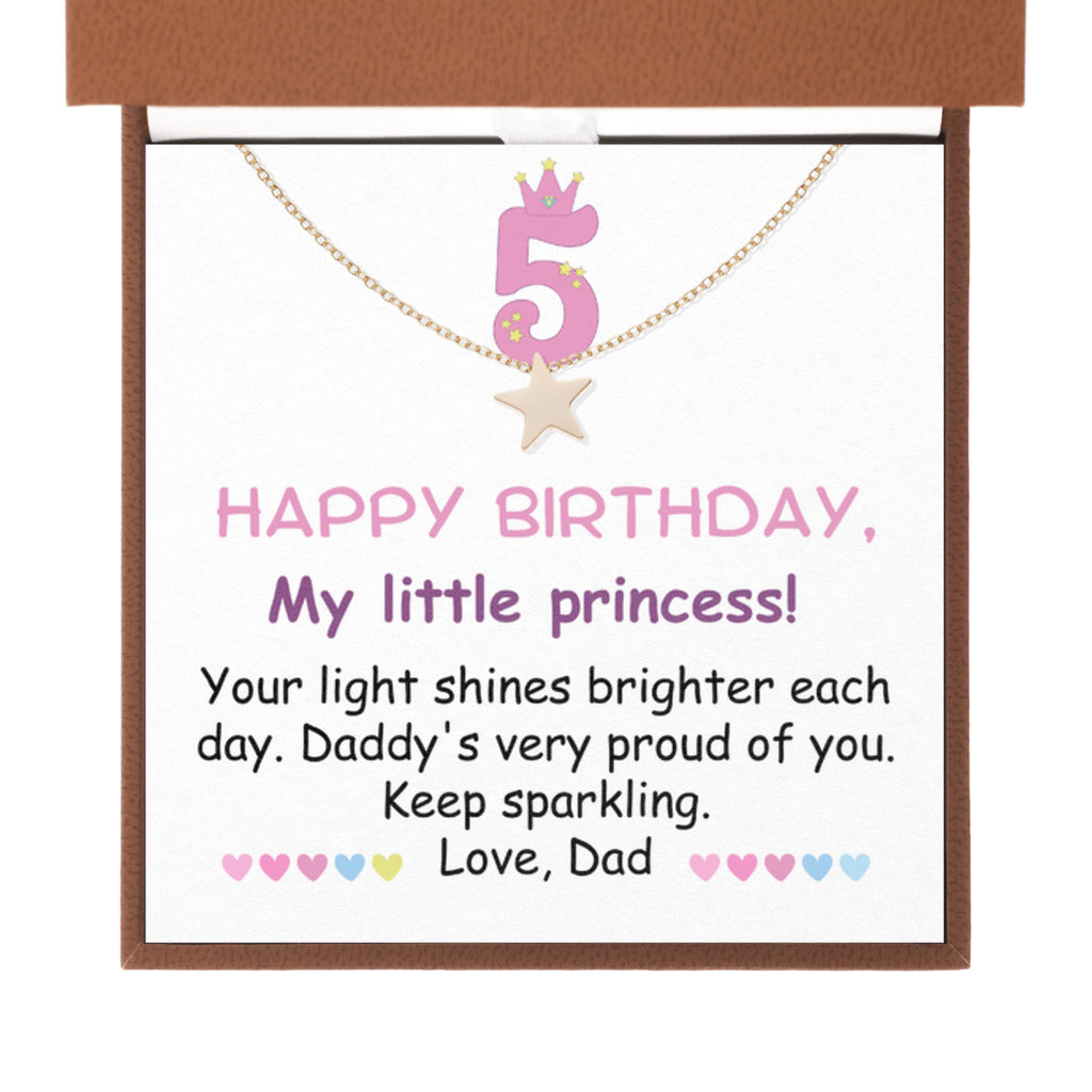 5 year old girl birthday gift from dad - Happy 5th Birthday Star Necklace for daughter from father-Brown Leather Box-Family-Gift-Planet